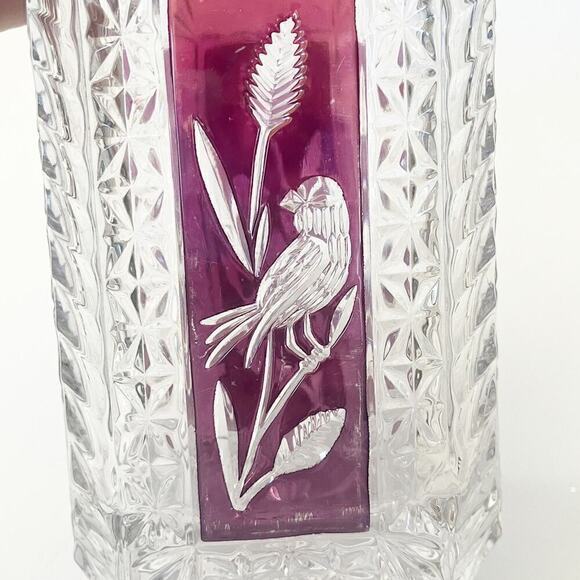 Vintage HOFBAUER Birds Heavy Cut Crystal Vase RUBY RED FLASH HEAVY 7" H 90s MCM - Picture 2 of 4